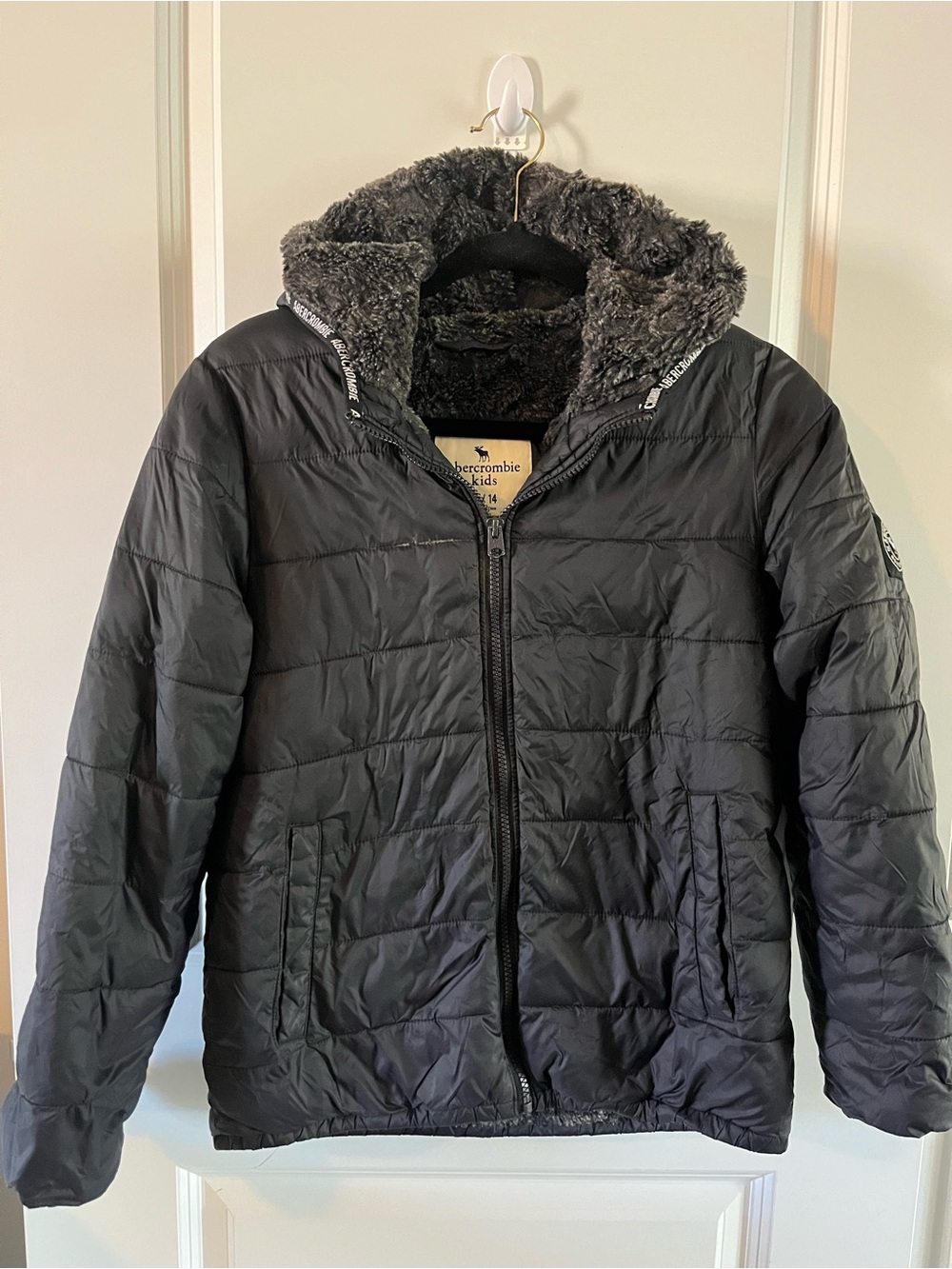 Abercrombie kids Black Quilted Puffer Jacket with Faux Fur Hood